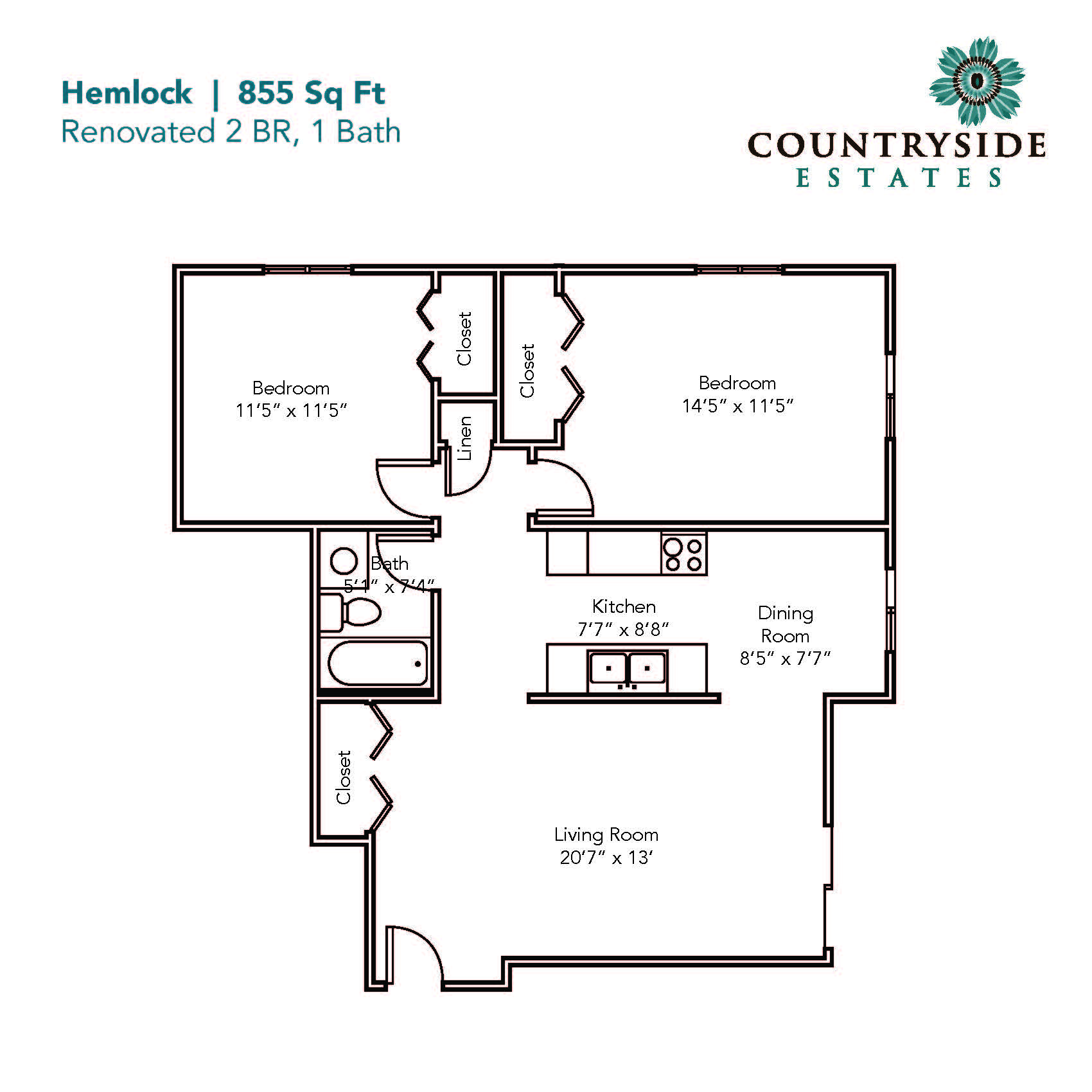 Floor plan for 2 beds, 1 bath, 855 sqft